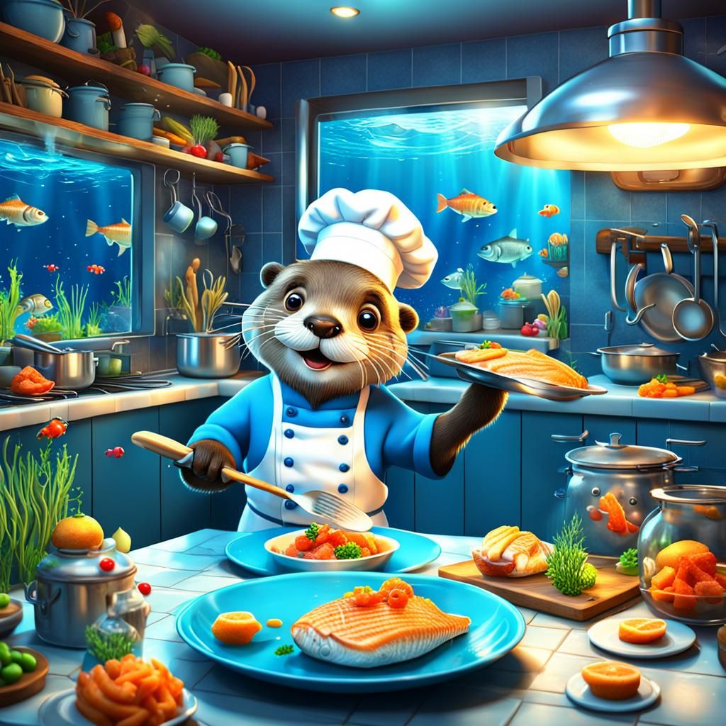 Sweet chef otter cooking fish in an underwater kitchen