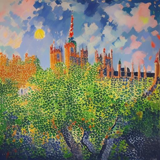 <lora:Pointillism:1.0> Big Ben tower London bridge, people in the streets