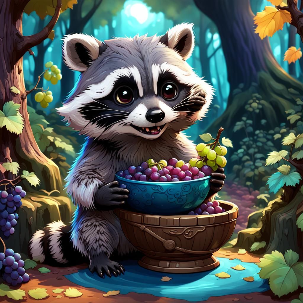 Raccoon enjoying grapes