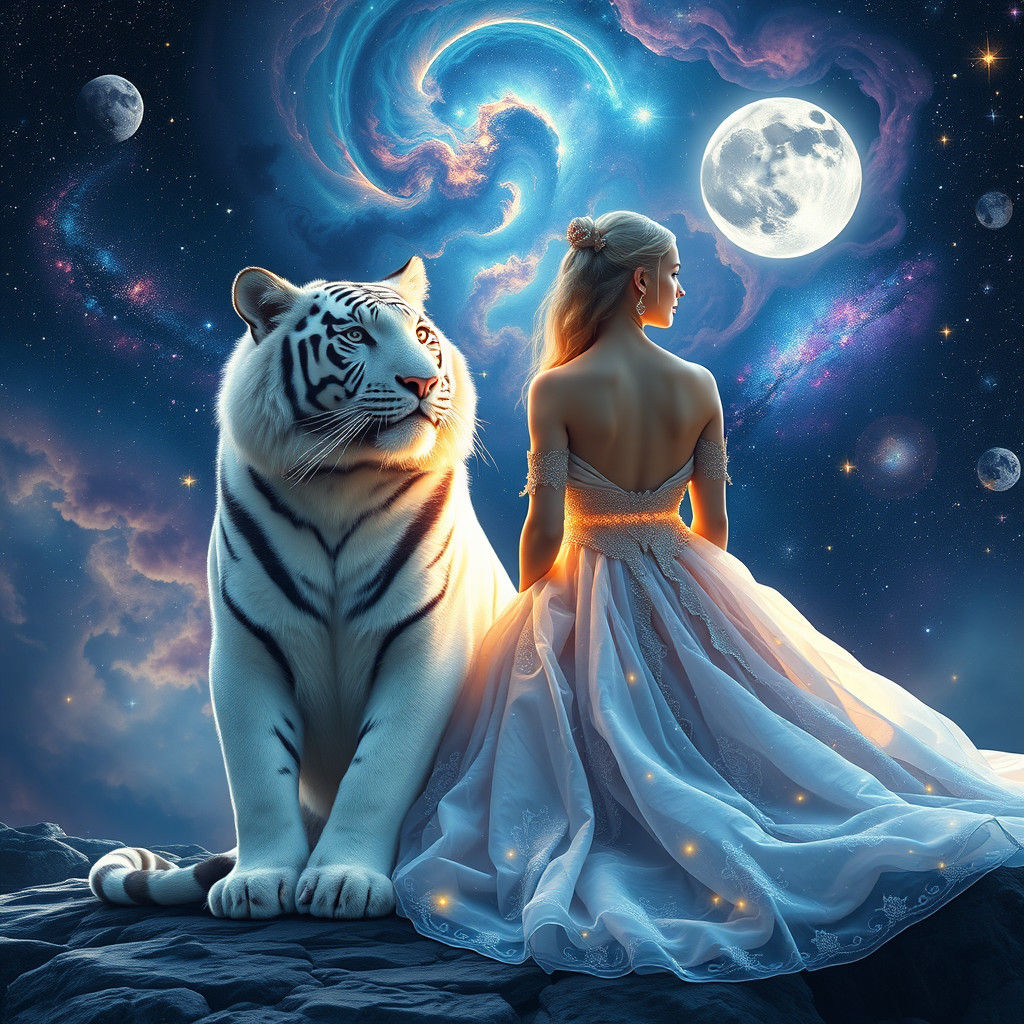 White tiger with a moon princess in front of a cosmic backgr...