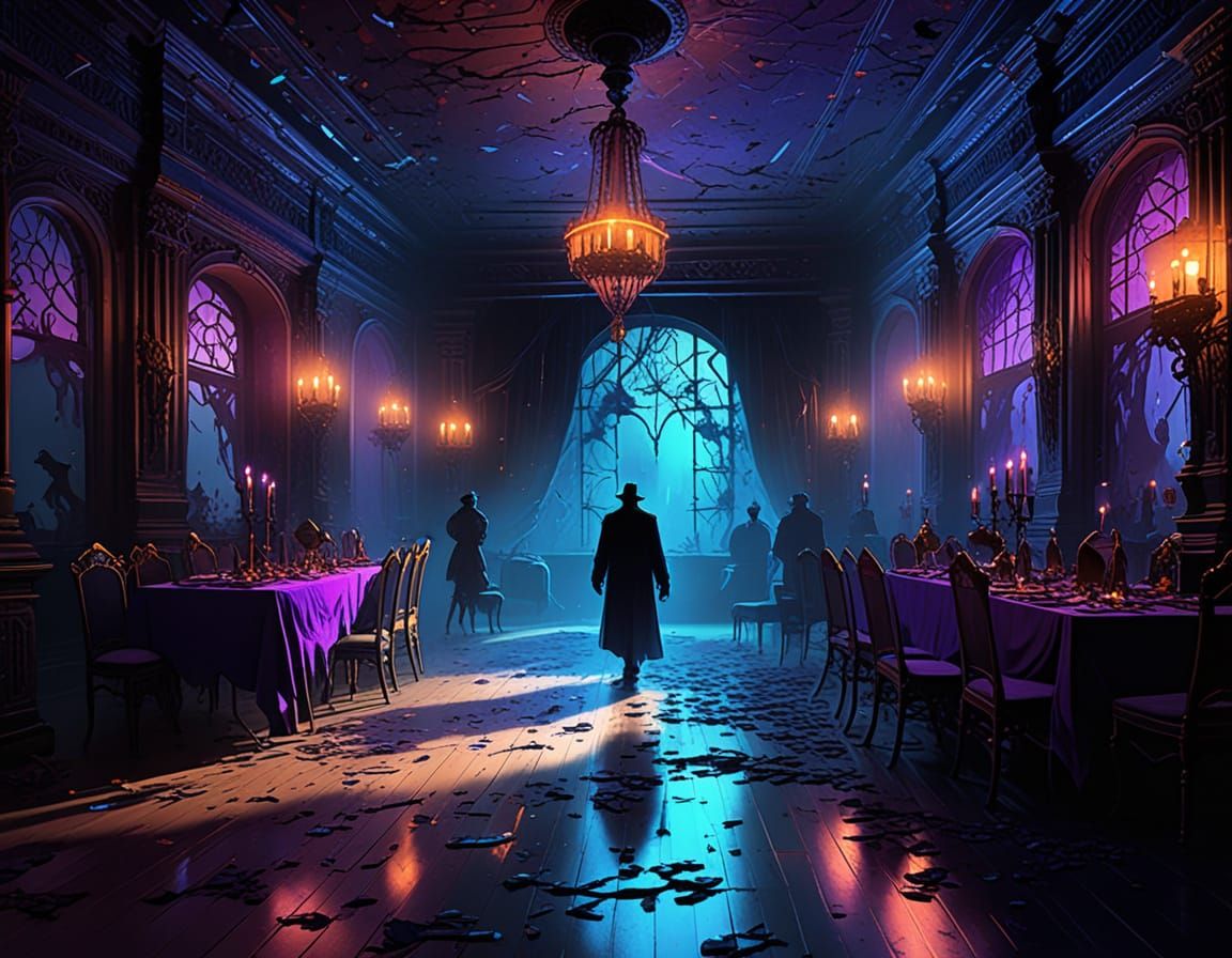 the new year eve party of the undead  — party with ghostly confetti, undead party hats, and a dance floor full of eerie transparent spirits ...