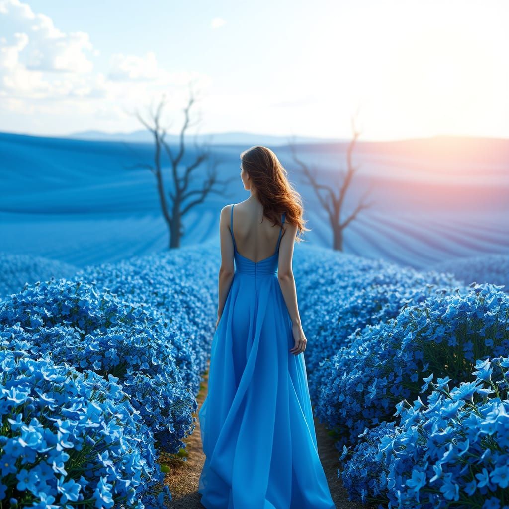 Midnight blue night, beautiful woman in sapphire blue and tiffany blue dress, oxford blue panorama, royal ...  by @Granit9