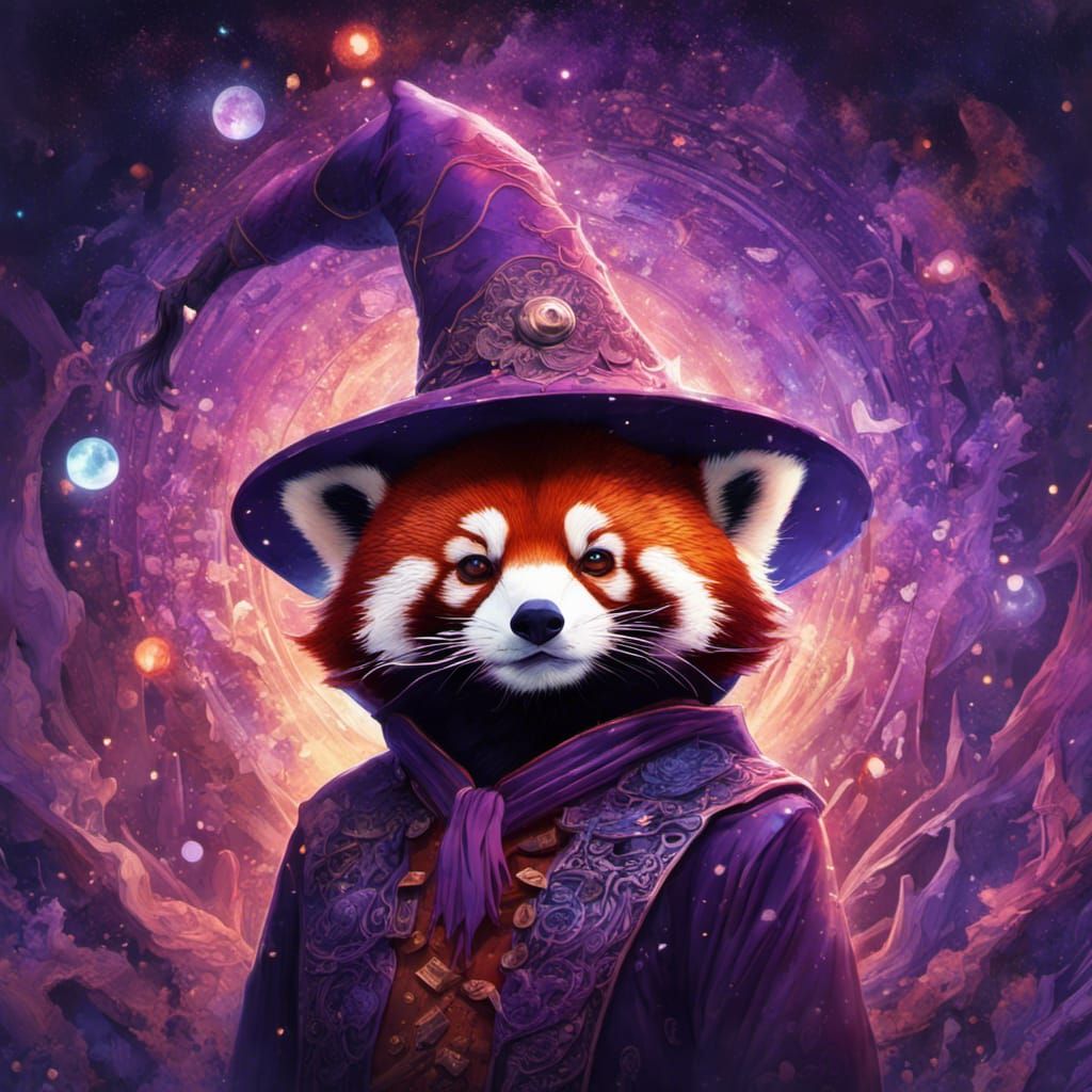 Photograph portrait of Enchanting sorcerer Red Panda dons a purple ...