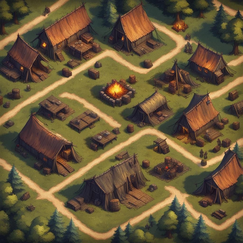 aerial view, battle map, medieval RPG art, road, caravan cam...