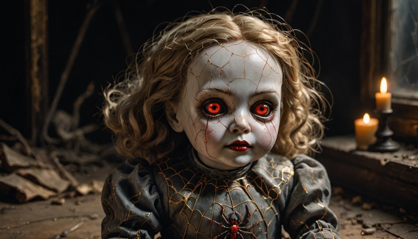 Hyper Realistic, A dusty old doll with cracked porcelain and glowing Vivid Red eyes, sitting in a darkened room.