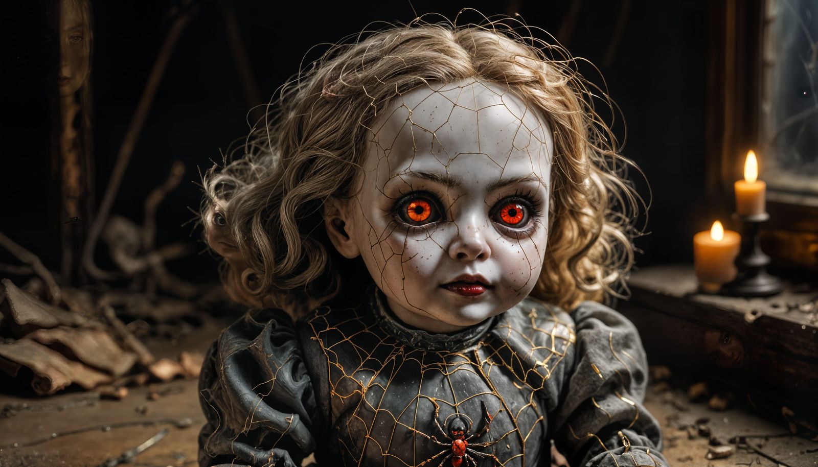 Hyper Realistic, A dusty old doll with cracked porcelain and glowing Vivid Red eyes, sitting in a darkened ...  by @KOSH