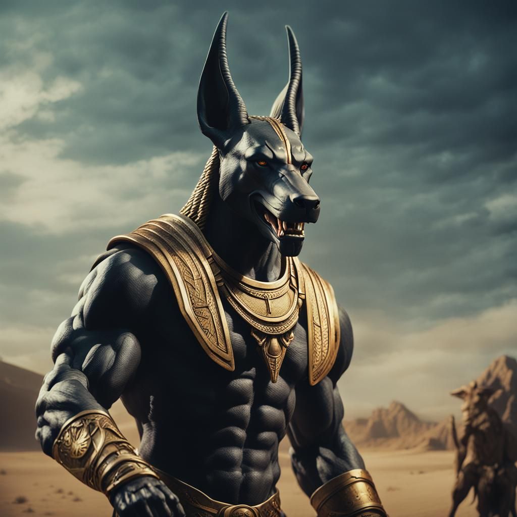 An anthromorphic Anubis Fenrir 
with large muscles.