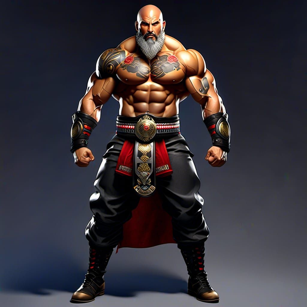 <lora:DWC:1.0>  An older anime fighter, bald with a gray bea...