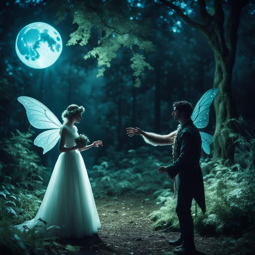 a Male fairy courting his bride to be in a moonlit glade Cin...