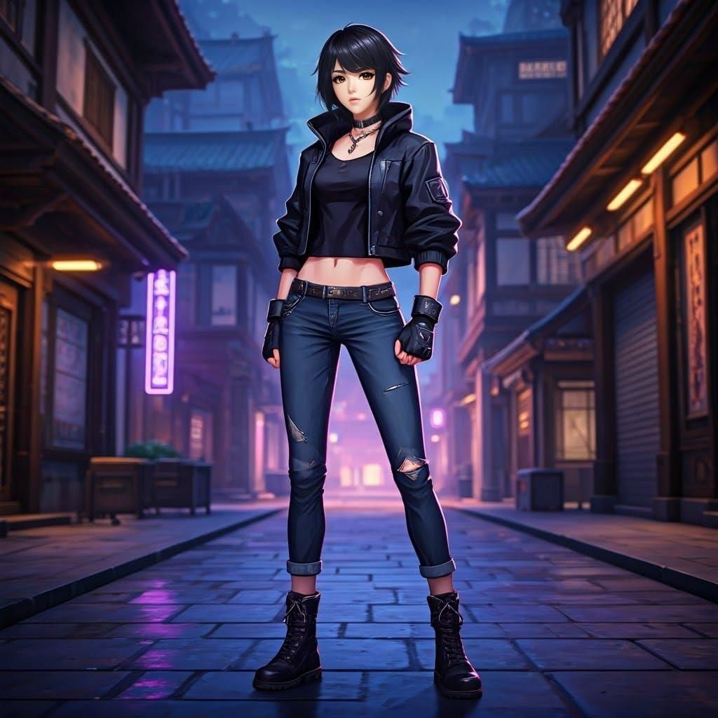 Confident Anime Boxer in Detailed Street Scene