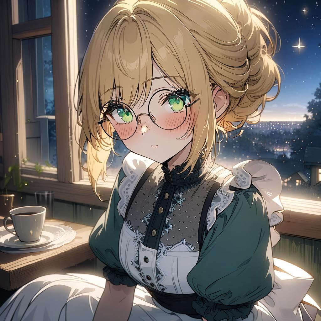 Anime Girl with Blonde Hair in Cottage Window