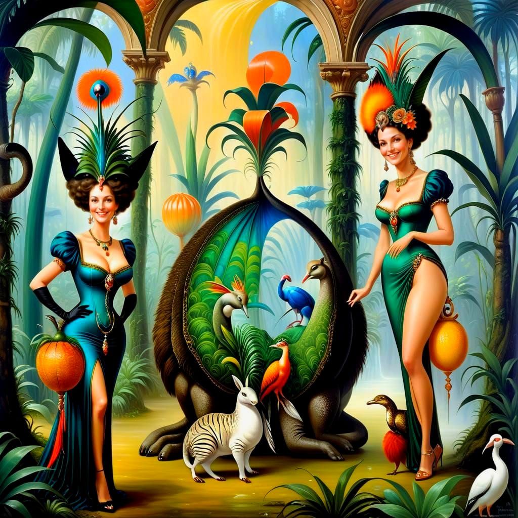 Renaissance Ladies in Exotic Jungle Scene