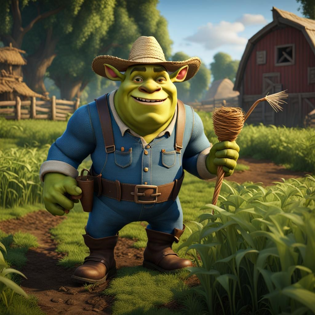 A buck-toothed Shrek with a straw hat and blue overalls on a...