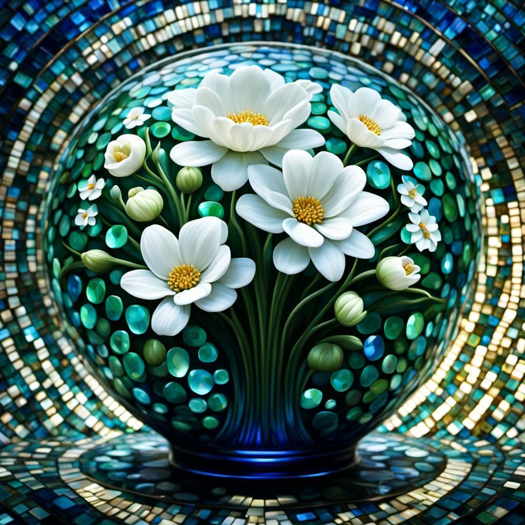 White mixed flower in a Blue green mosaic vase,round glass p...