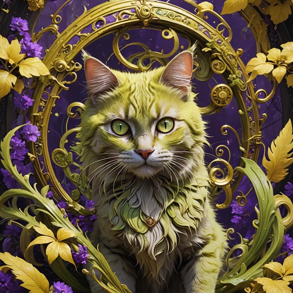 A cat with three tails lemon yellow fur and green eyes