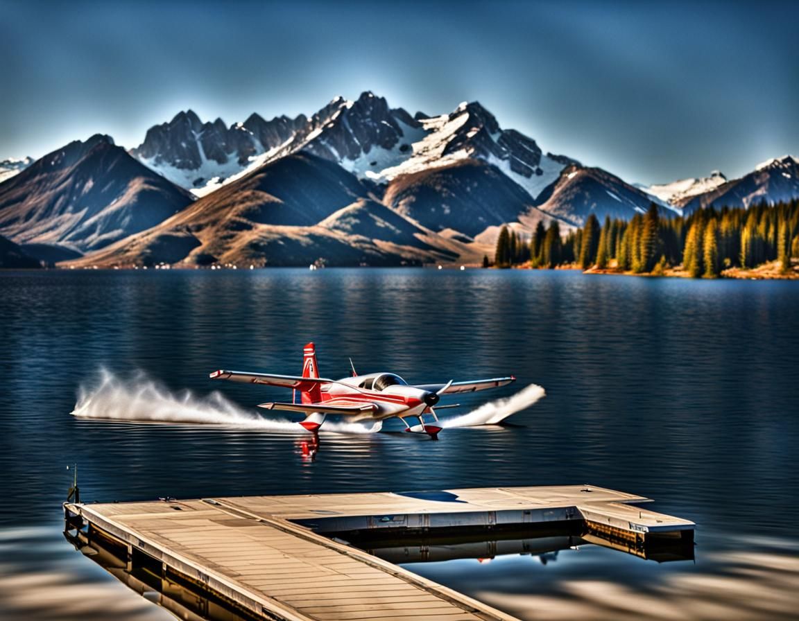 A hydroplane lands in the water on a lake in front of some mountains. intricate details, HDR, beautifully shot, hyperrealistic, sharp focus,...