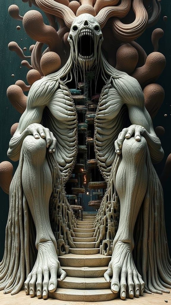 <lora:DistortedImagination:1.0> colossal Demonic Lich, with a cutaway revealing the inside structure like a optical illusion building inspir...