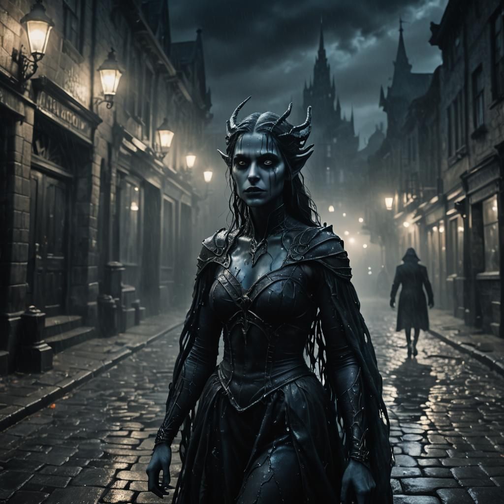 A drowned elf queen face blurred by black mist  and dripping wet. Background a cobblestone Victorian street at night.
