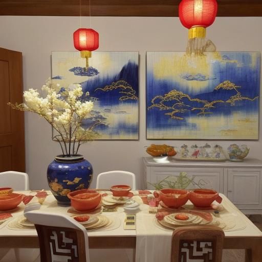 Chinese New Year Dinner in Neo-Impressionist Style
