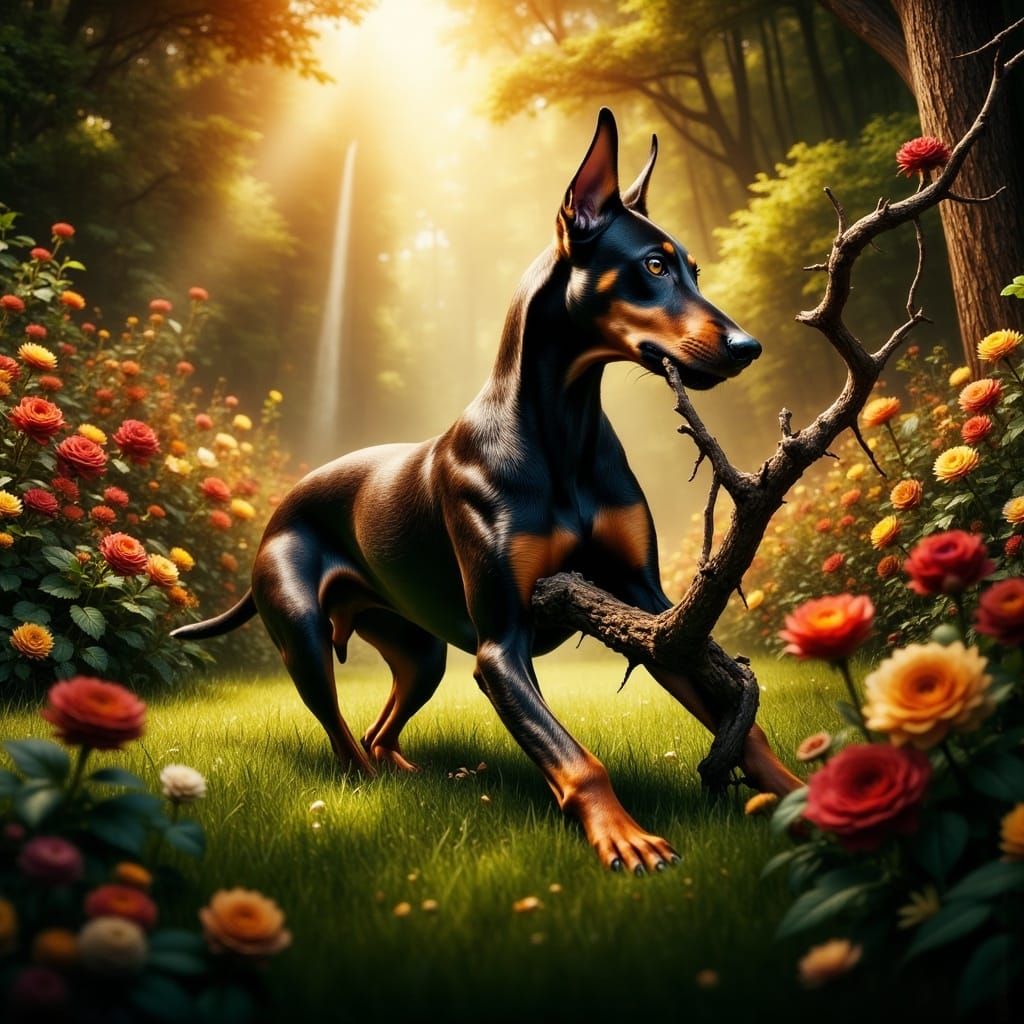  <lora:Vibrant Brush:1.0> close-up side shot dobermann, tree branch toy in his mouth, background garden