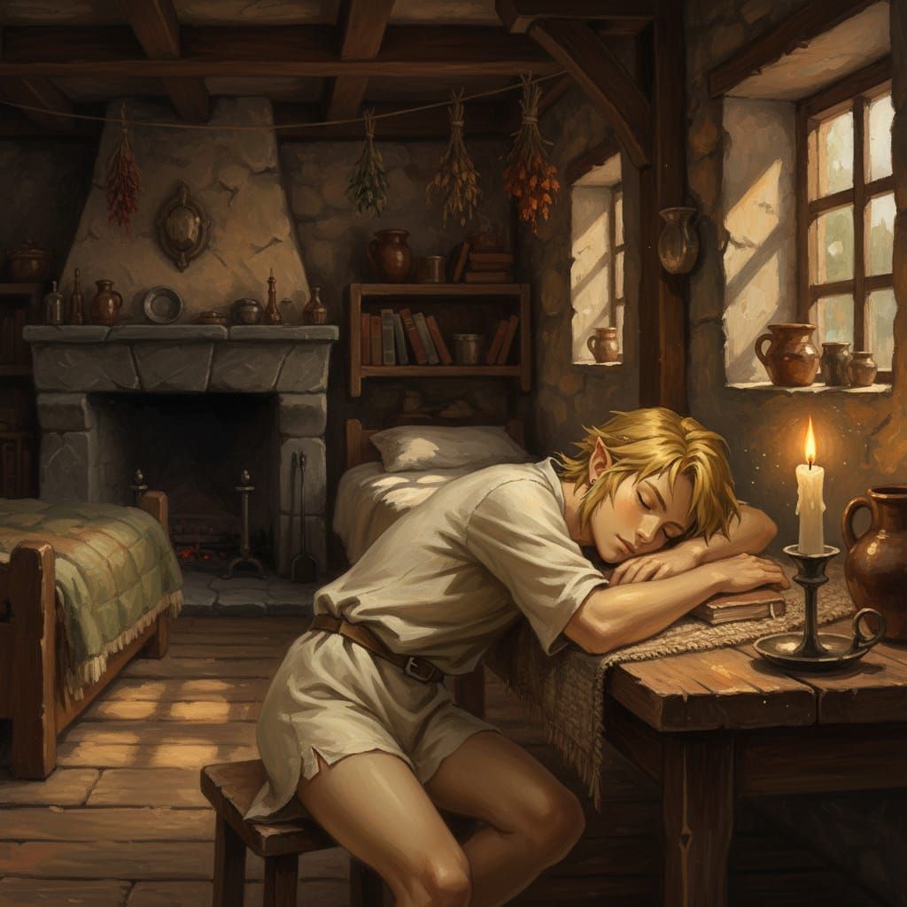 After a hard battle, Link sleeping at his desk instead of his bed.  Lol.