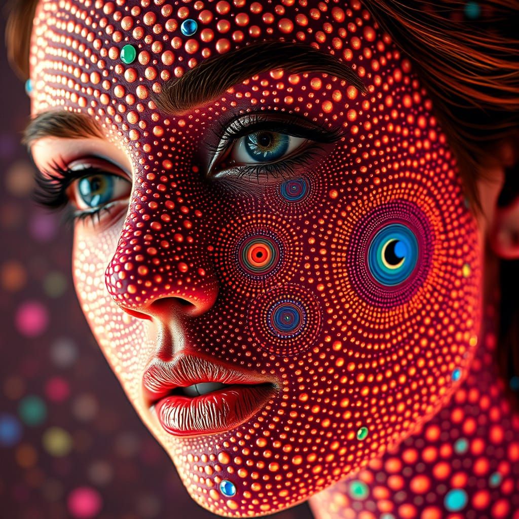 Optical illusion art. Extreme wide shot. A woman's face is composed of countless tiny polka dots, each a miniature world, that swirl