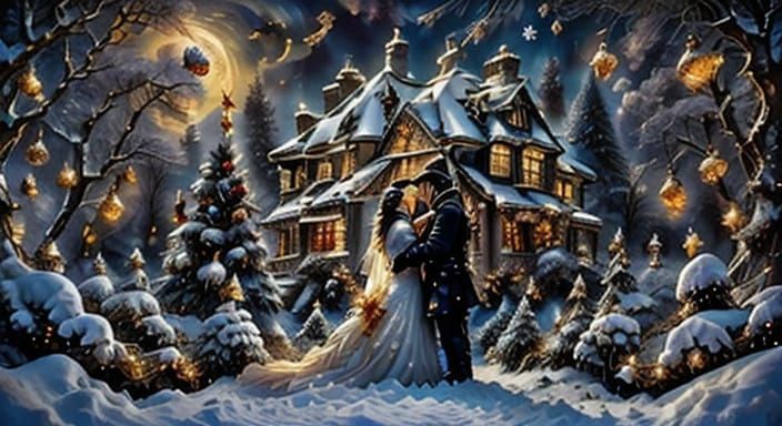 On the second day of Christmas, my true love gave to me - Two turtle doves. In a beautiful decorated well lit Christmas tree outside a Vict...