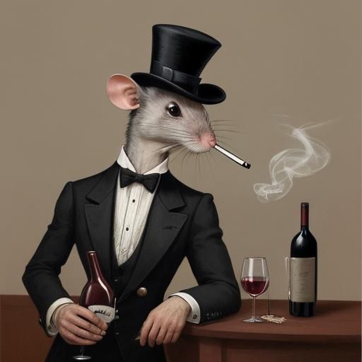 a gentlemanly rat, with a cigarette and a bottle of wine in each hand ...