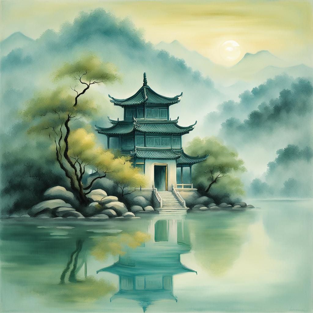 Serene Chinese Landscape Painting of Lonely Hill Temple