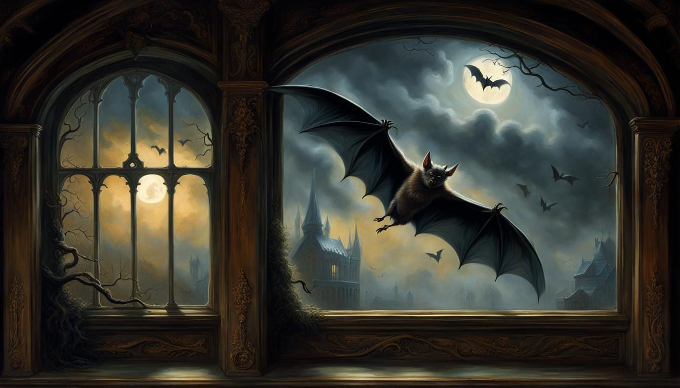 A great bat flying at a closed window. Late 1800s. oil paint...