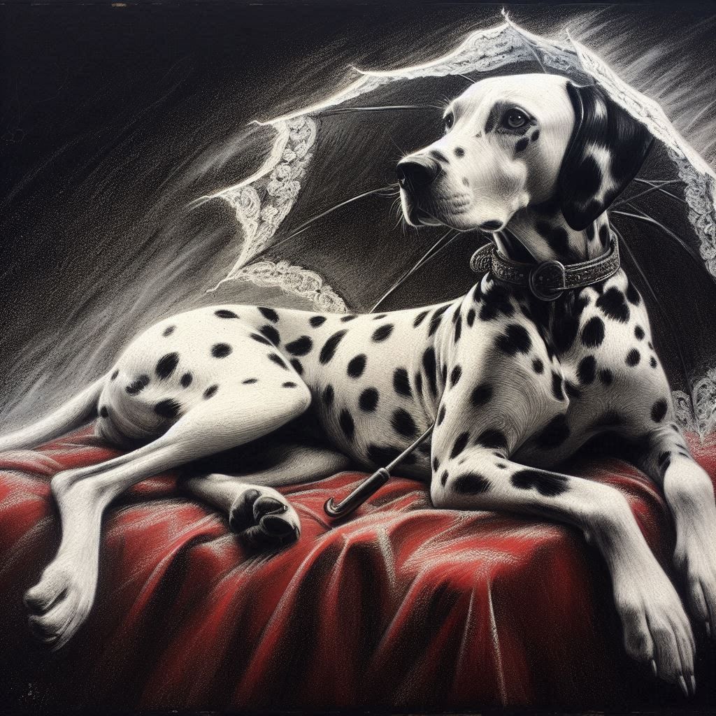 Dalmatian dog on a red blanket under an umbrella
