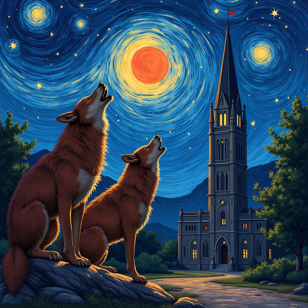 A reimagining of Vincent van Gogh's Starry Night featuring North Carolina State University's Memorial Belltower on a hill. There is a full r...