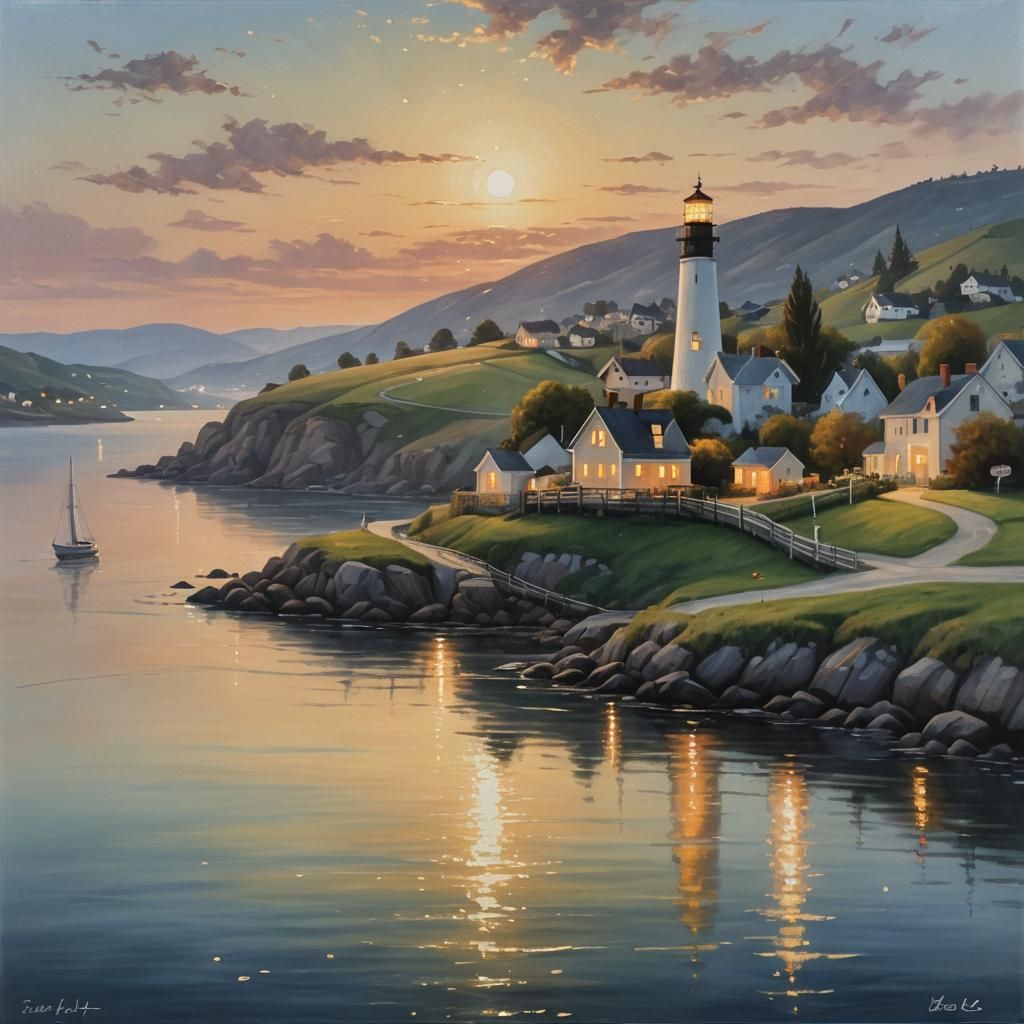 A river runs between 2 hills, on one hill there is a lightho...