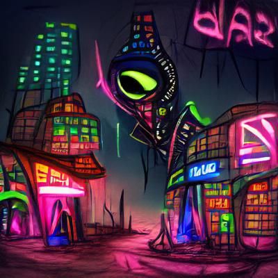 dark neon alien city; The Squalid Bazaar
