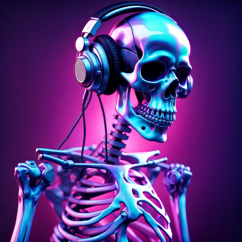 Holographic Art of a skeleton with headphones on dancing around