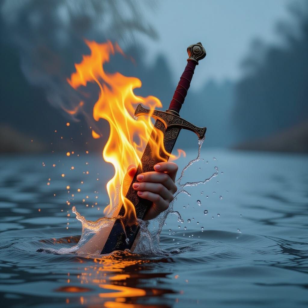 סצנת סוערת של יד שעשויה מאש ומים מעורבבים אוחזת בחרב אש ומים