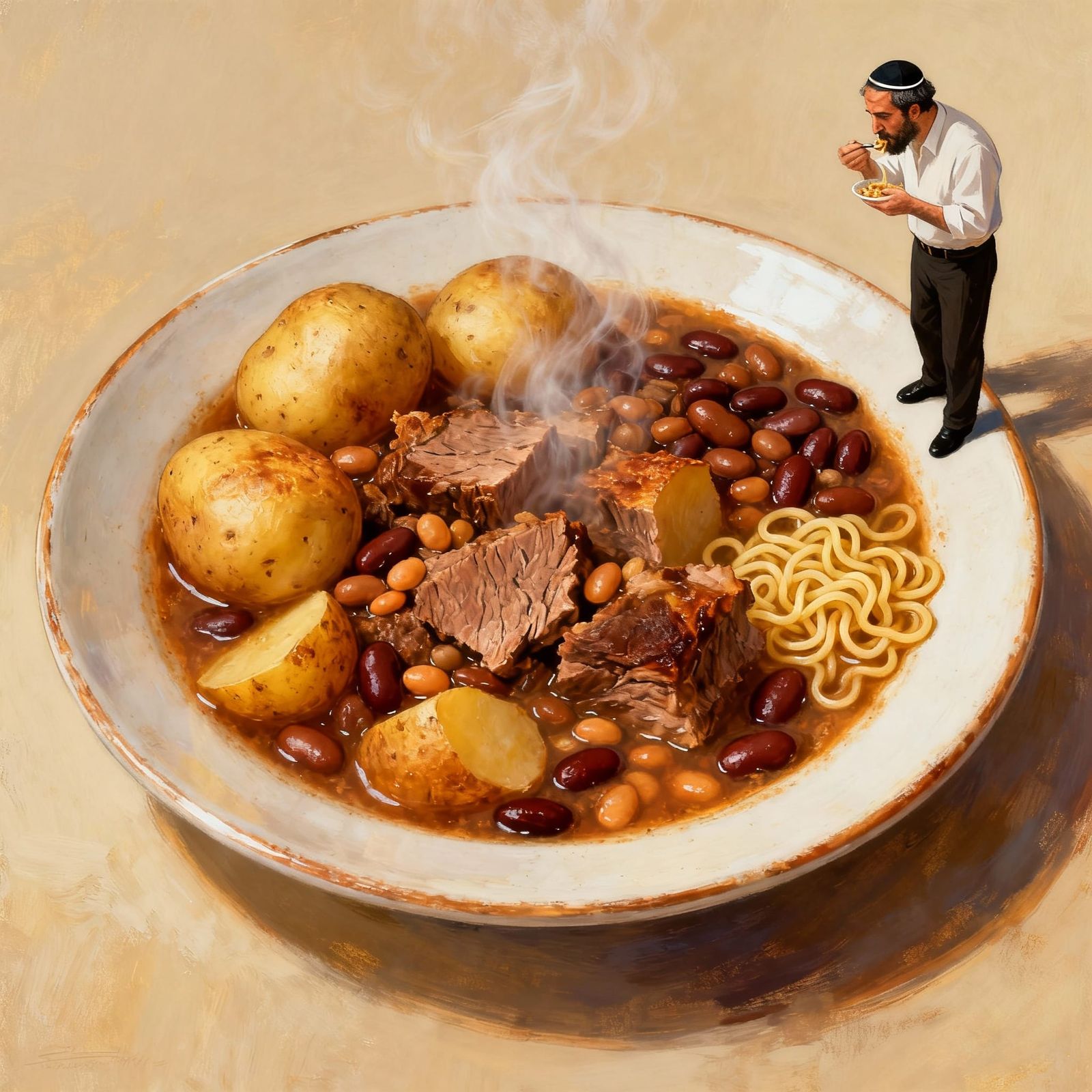 Hot Cholent Dish with Meat and Vegetables