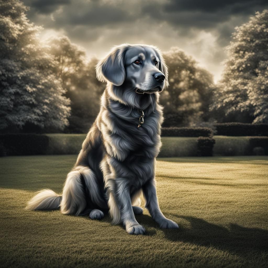 a dark grey golden retiever dog sitting on a lawn intricate ...