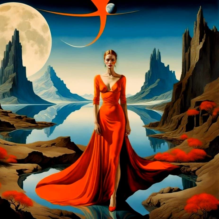 Surrealistic Lady in Vibrant Enchanted Landscape