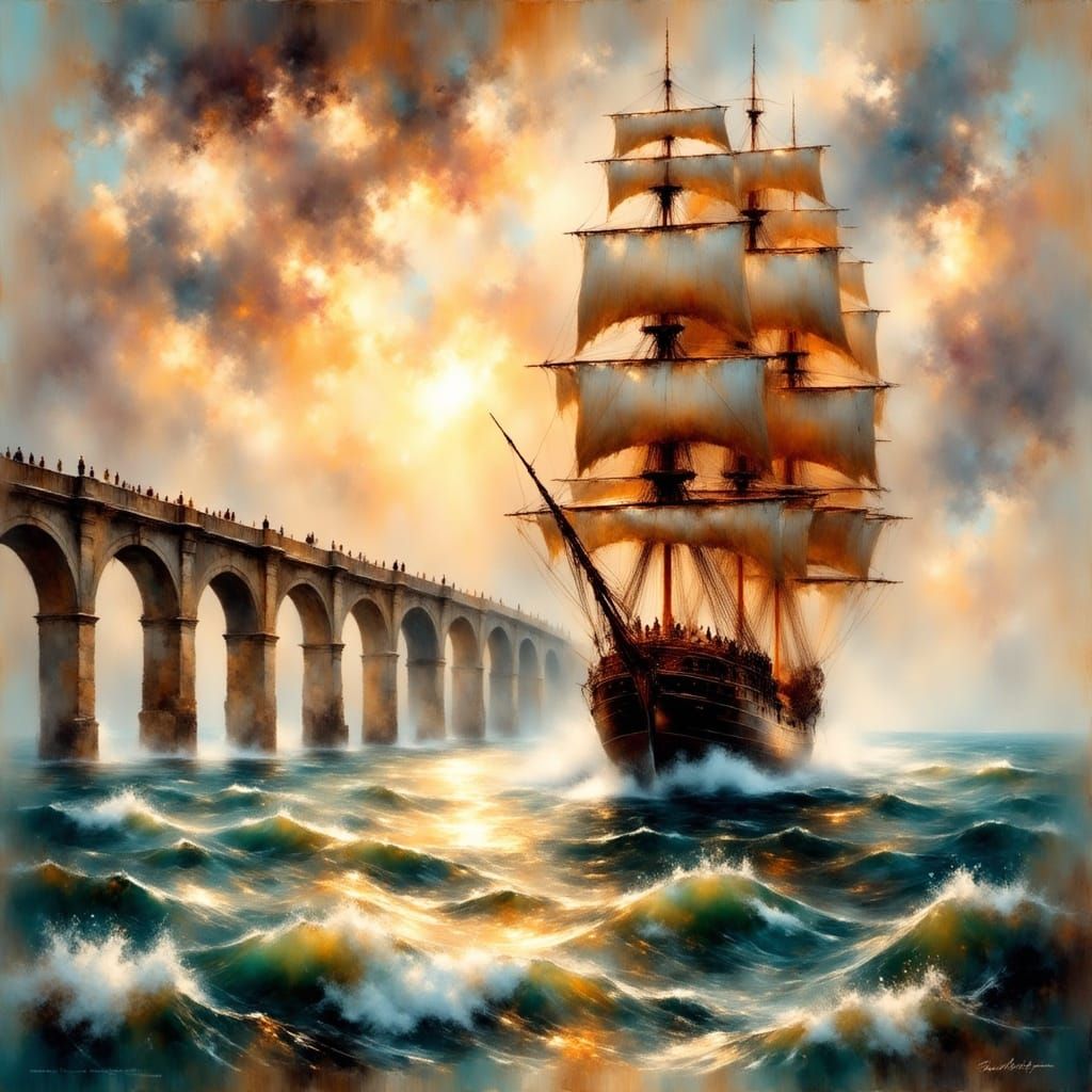 Galleon Sailing Near Stone Bridge at Sunset