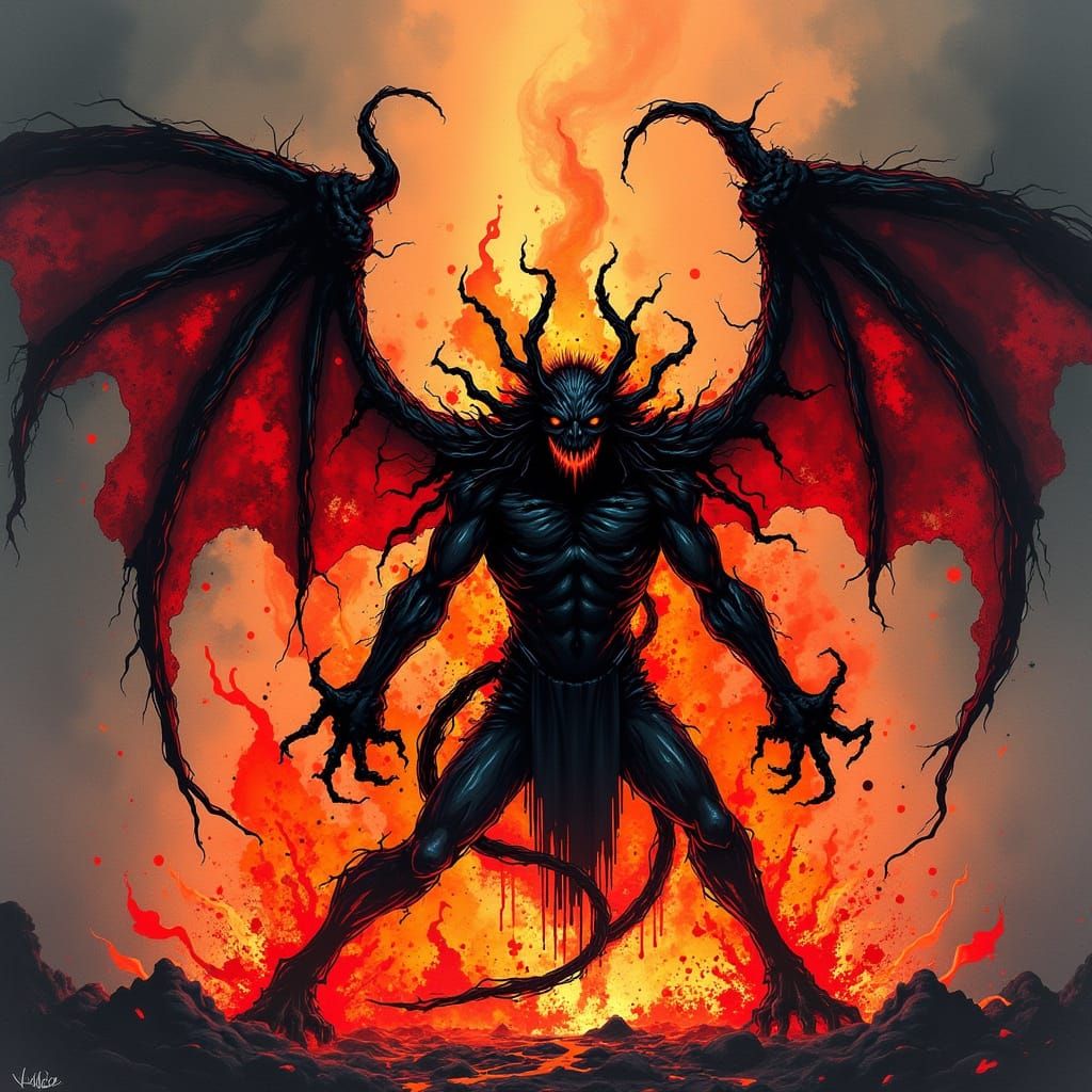 <lora:Twisted Ink v2:0.5> Epic Demon Warrior back lit wicked fires, inspired by a Colored-Ink Blotch style art.