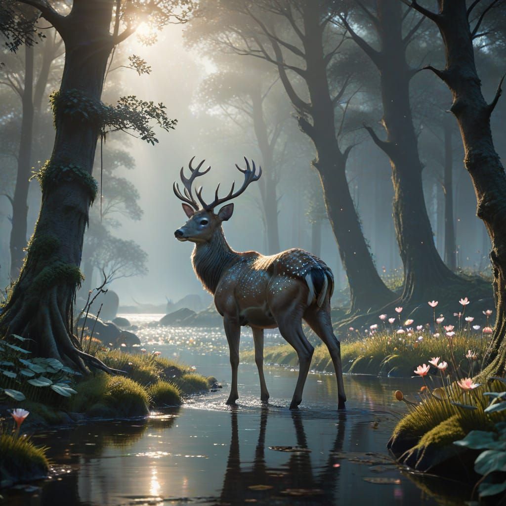 A Majestic Deer in the Misty Dawn, Woven from the Forest's E...