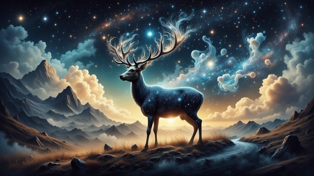 A  deer made of stardust appears in a dreamlike mountain  by @The Carlyle