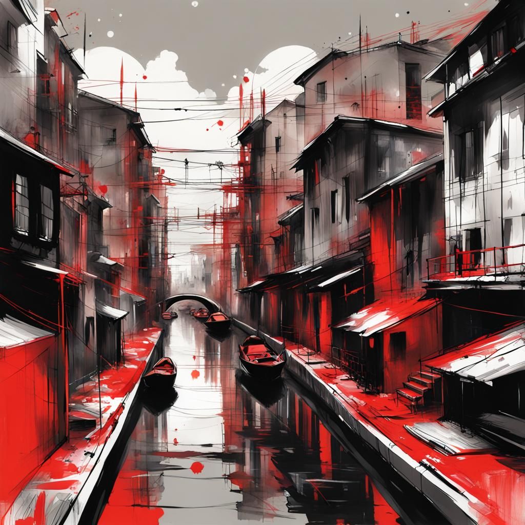 Canal Sketch: Black and Red - AI Generated Artwork - NightCafe Creator