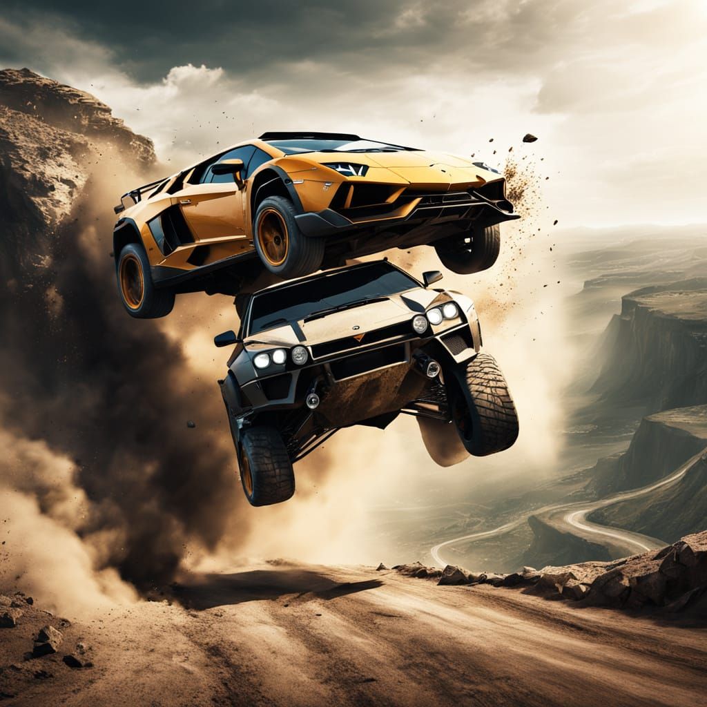 Lamborghini Soaring Between Cliffs: A Hyperrealistic Scene