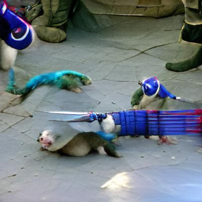 A mutant ninja ferret with one cyborg eye, a blue headband a...