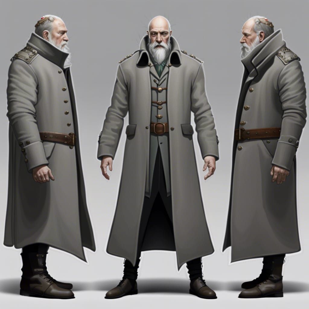 BARE HEADED HUMAN WAR WIZARD IN LONG LIGHT GRAY WOOL MILITAR...