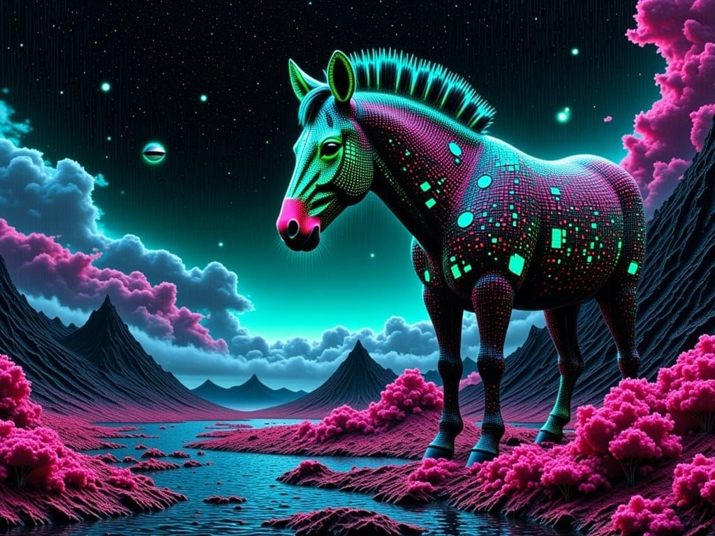 Digital theme "digital zebra"; white and black, low angle distorted point_of_view; icy blue on black 0s and 1s <fuchsia and silver digital 0...