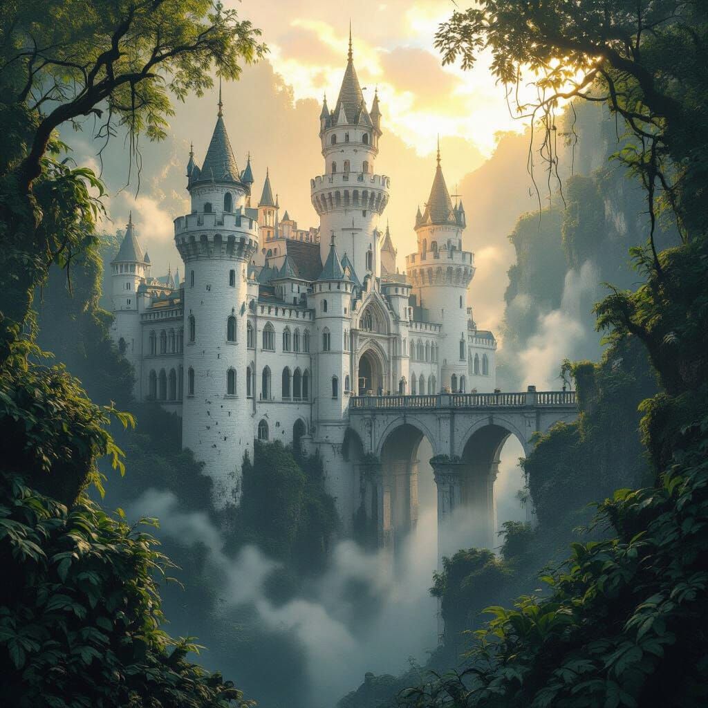 Crumbling White Castle that is huge with multiple bridges in the rainforest 