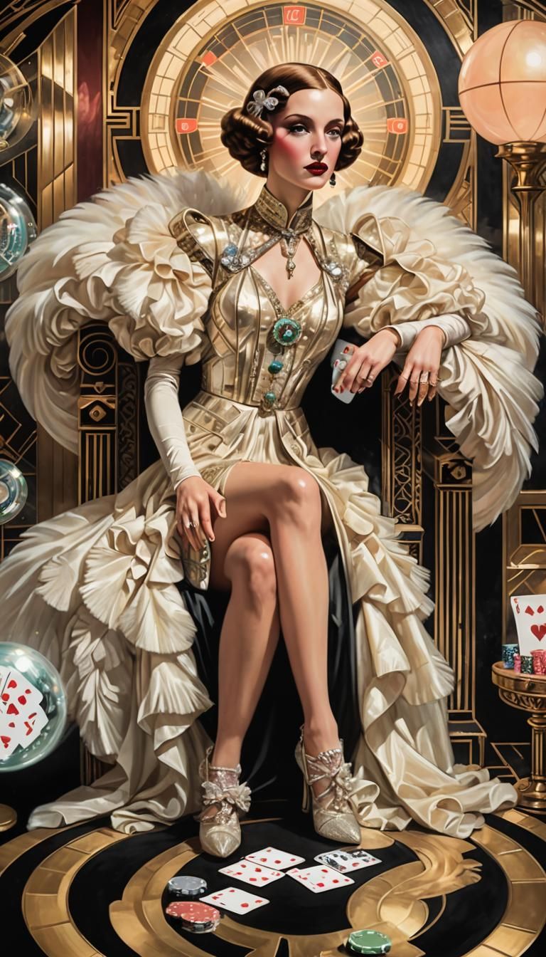 Art Deco portrait. Medium shot. A woman from the Roaring Twenties stands in a New York penthouse, surrounded by opulent furnishings. Head an...